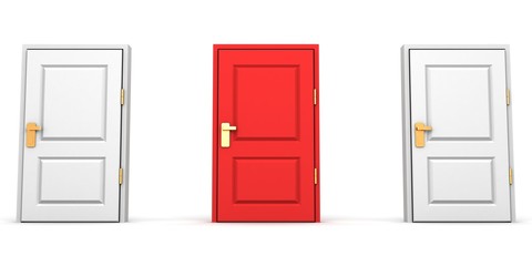 Red and white closed doors as choice concept