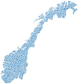 Map of Norway (Europe) in a mosaic of blue circles