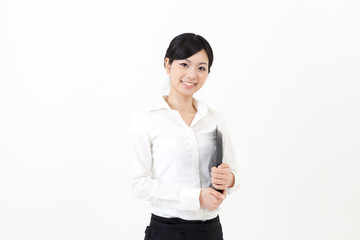 a portrait of asian waitress on white background