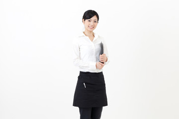 a portrait of asian waitress on white background