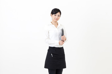 a portrait of asian waitress on white background
