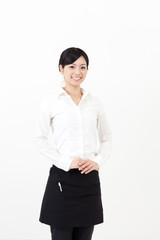 a portrait of asian waitress on white background