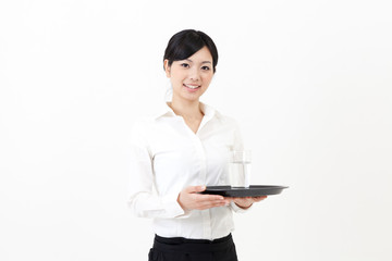 a portrait of asian waitress on white background