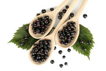 Fresh black in wooden spoons on white background close-up