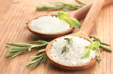 salt in spoons with fresh basil, thyme and rosemary isolated © Africa Studio