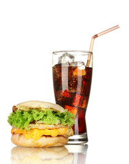 tasty sandwich and glass with cola, isolated on white