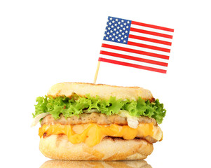 tasty sandwich with american flag, isolated on white