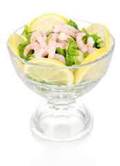 Delicious marinated shrimp in glass isolated on white