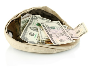cap with money on a white background