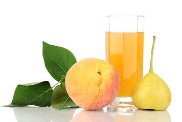 Juice with pear and peach isolated on white