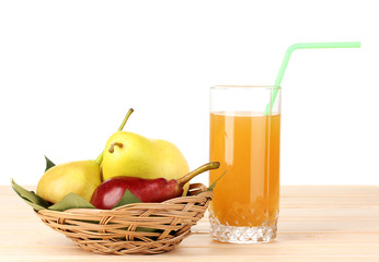 Pear juice with pears on wooden table on white background
