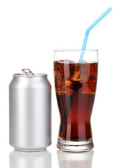 Open aluminum can and glass of cola isolated on white.
