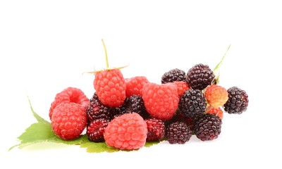 Sweet fresh raspberry fruit with green leaf