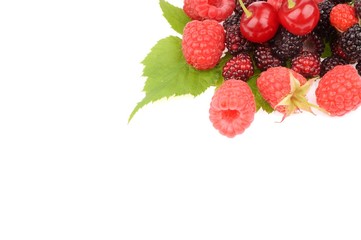 Sweet fresh raspberry fruit with green leaf