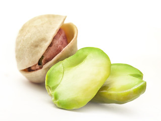 Pistachio nuts, fruits isolated on white background