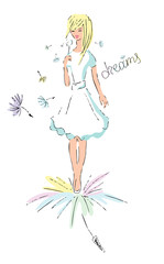 Girl with dandelion blowing on it