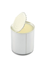 Side view of opened sweet milk tin can on white background.