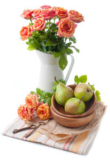 Arrangement with roses and pears