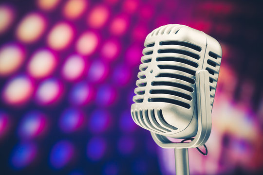 retro microphone on purple disco background