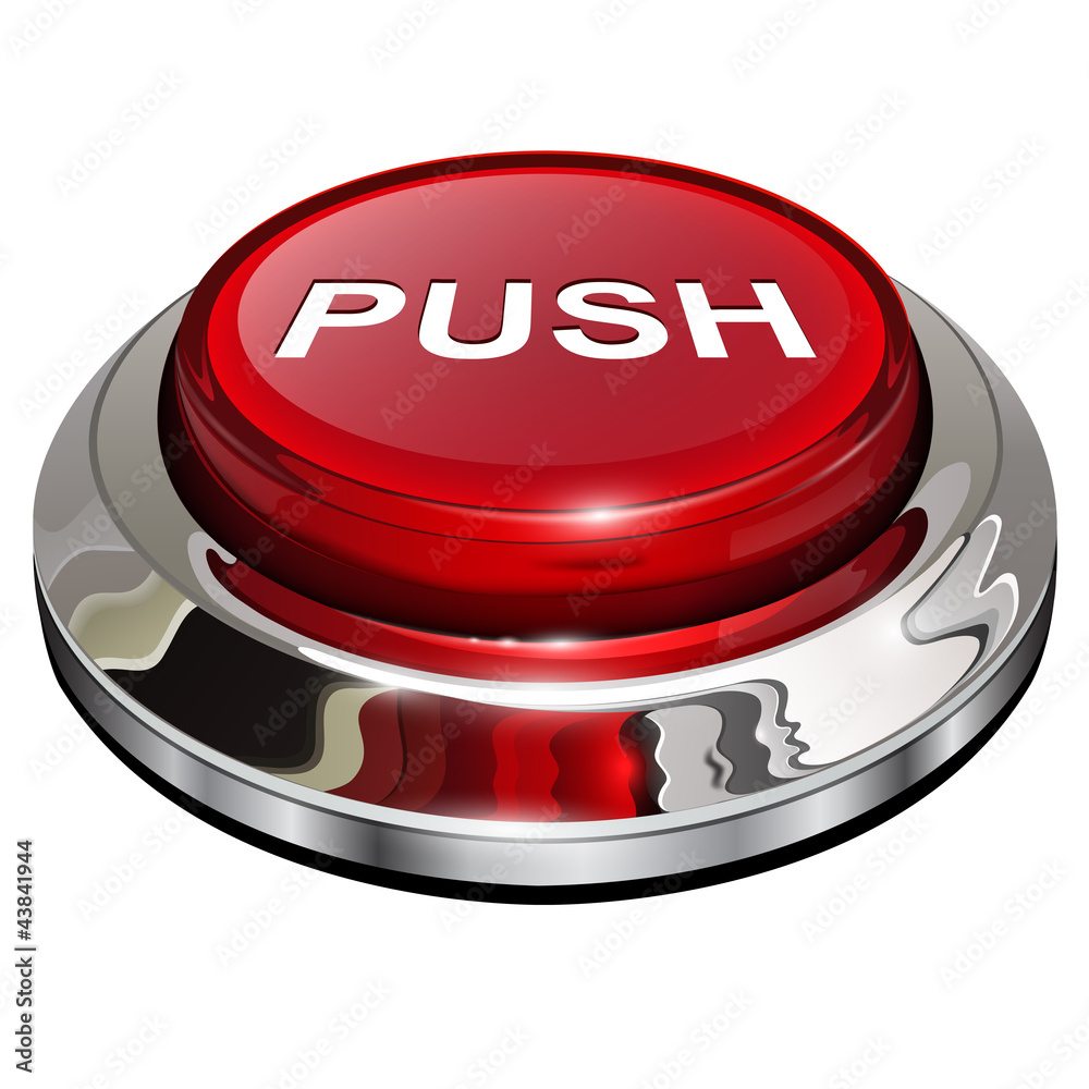 Poster push button, 3d red glossy metallic icon, vector.