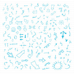 Set of blue vector hand drawn arrows.