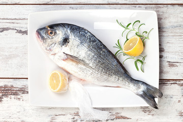 Sea bream with lemon on white tray.