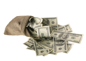 Canvas money sack with one hundred dollar bills