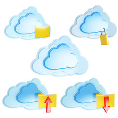set of 3d cloud computing icon with folders and arrows