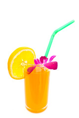 orange juice with orchid o white paper