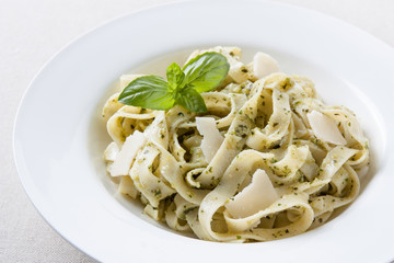 Plate of fettuccine al pesto