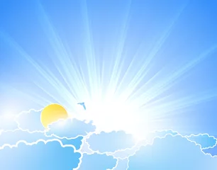 Poster Hemel Vector zonnestraal achtergrond met wolken