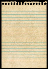 Old torn notepaper page isolated black background.