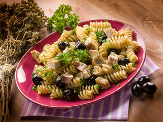 fusilli with swordfish and black olives