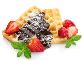 belgium waffles with strawberries and mint  isolated on white