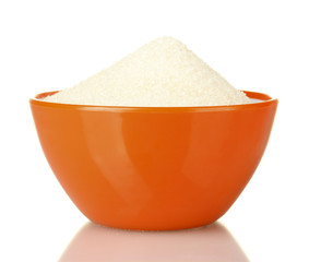 A colorful bowl full of white sugar isolated on white