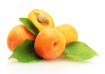 ripe sweet apricots with green leaves isolated on white