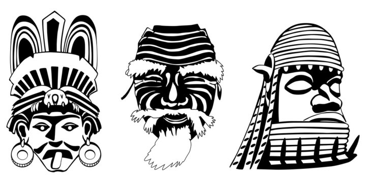 Masks, Aztec, Japanese and African, vector, easy to edit layers