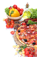 delicious pizza, vegetables and salami isolated on white.