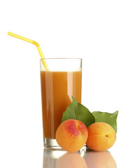 glass of apricot juice and apricots with leaf isolated on white