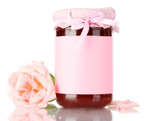 jar with rose jam and flower isolated on white