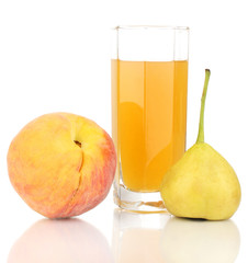 Juice with pear and peach isolated on white