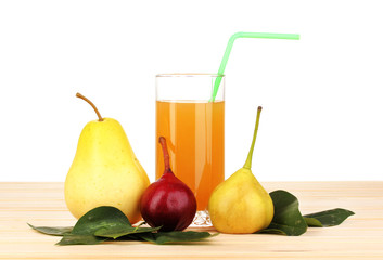 Pear juice with pears on wooden table on white background