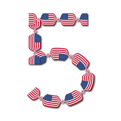 Number 5 made of USA flags in form of candies