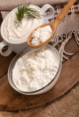 Fototapeta na wymiar cottage cheese in a plate and a spoon with cottage cheese