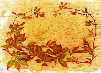 wooden background with fall foliage frame