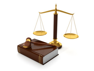 3d illustration: Legal aid. trial balance and the hammer of the