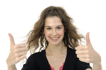 young lady showing thumb's up sign