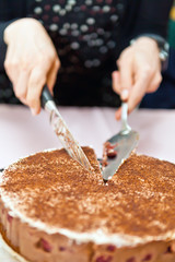 Girl cutting a slice from the cherry and chocolate cake