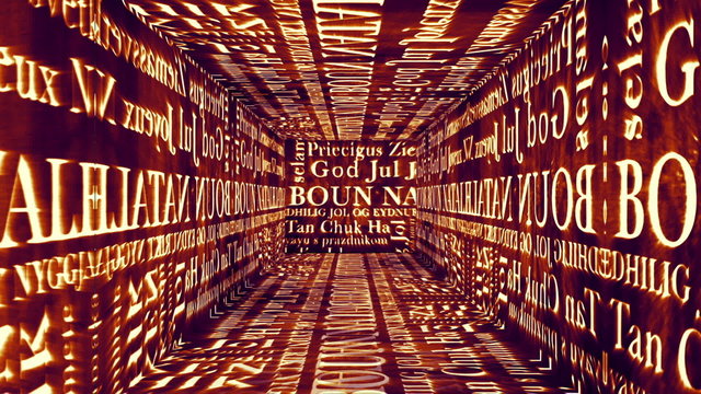 Tunnel animation ending in Merry Christmas in multiple languages
