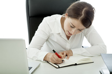young brunette business woman writing text in book
